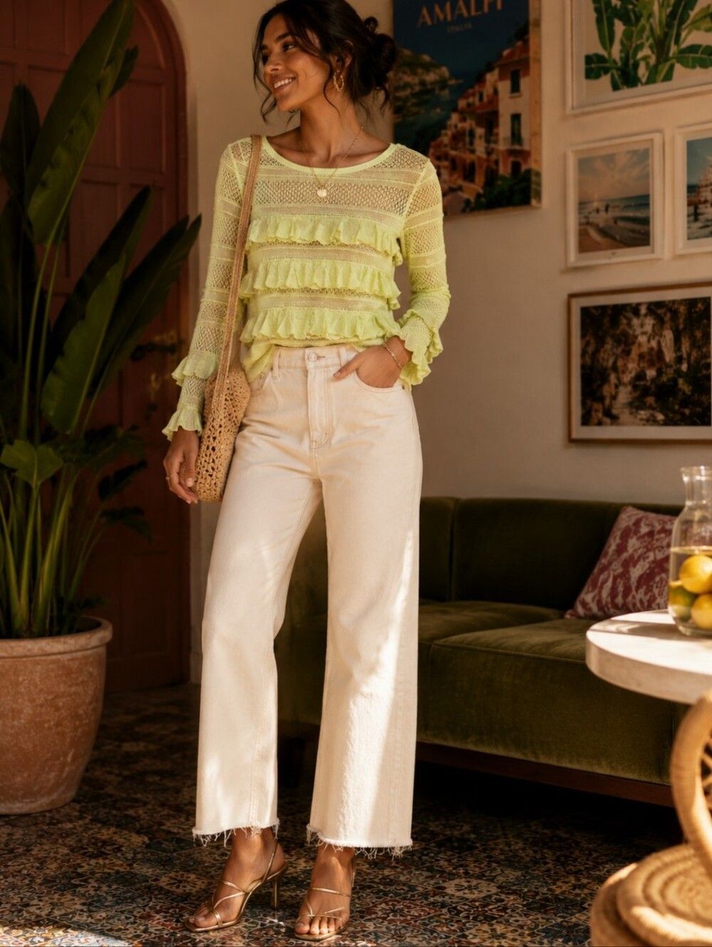 NWT! Anthropologie Light Green Ruffle Knit Sweater M